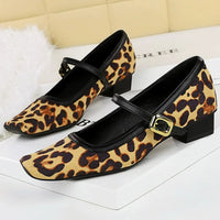 Heels Women Vintage Mary Jane shoes Metal leopard print square head Women Pumps Low heel high heels Suede
