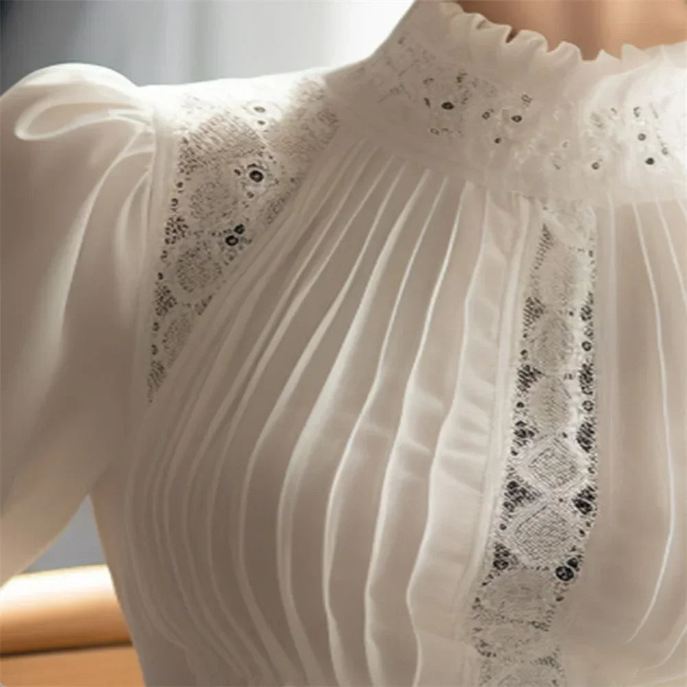 Spring Ladies Patchwork Lace Hollow Out Long Sleeve Shirt Tops 2024 New Korean Fashion Women's Solid Color Stand Collar Blouses Natalia Home Fashion    Natalia Home Fashion