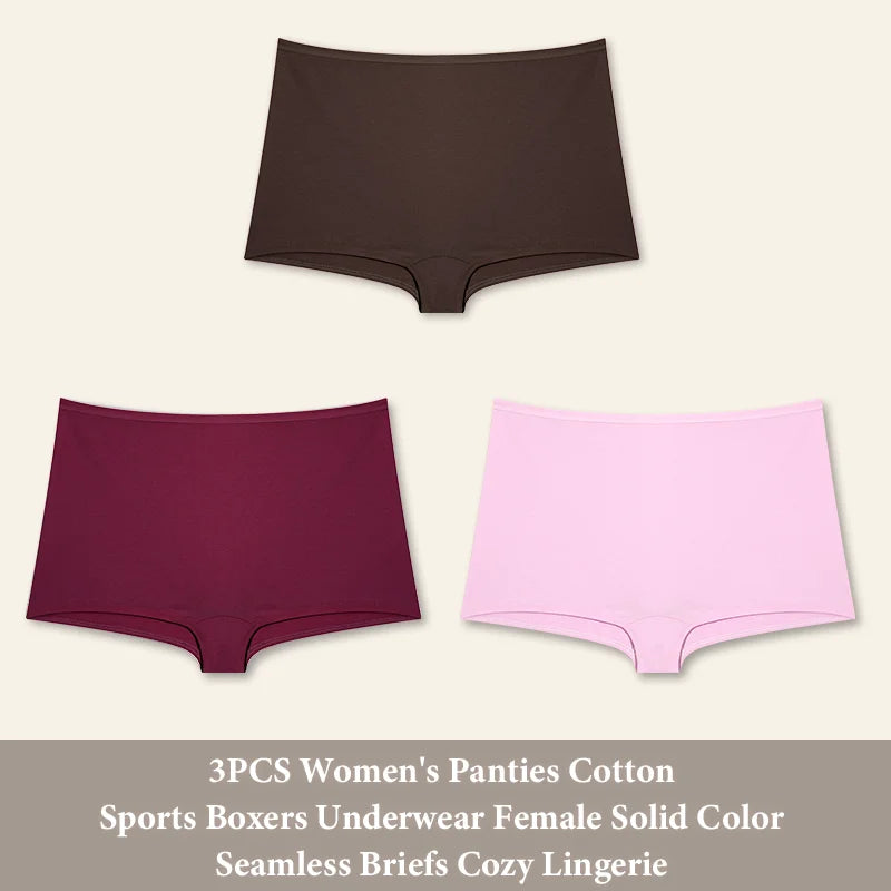 3PCS Women's Panties Cotton Seamless Sports Boxers Underwear Female Solid Color Briefs Cozy Lingerie Intimate Underpants
