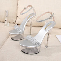 Fine Heel Crystal Women's Sandals Summer New 14.5 Cm High Heels Sexy Comfortable Ladies Wedding Shoes Catwalk Pole Dance