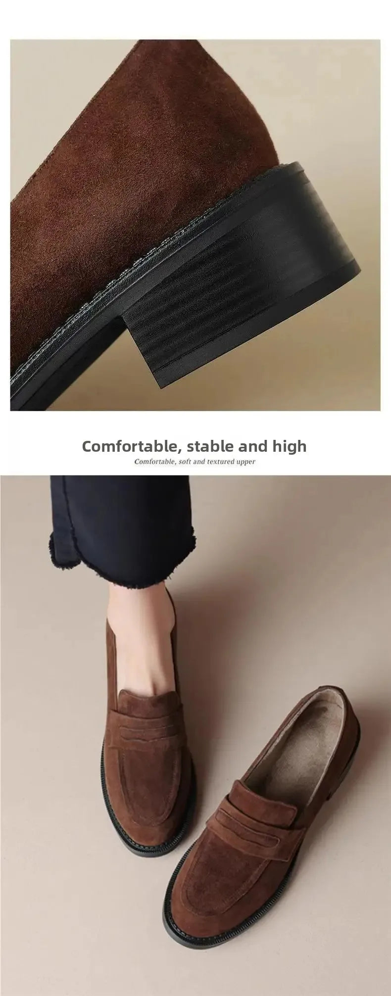 British Style Fleece Lined Chunky Heel Loafers Women's Shoes Retro French Vintage Leather Casual Shoes Rubber Sole Adult Footwear