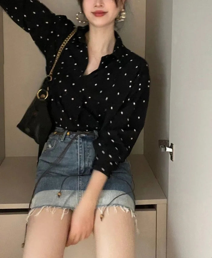 Chic Polka Dot Long Sleeve Shirt Women's Turn-down Collar French Style Simple Design Spring Summer New Arrival