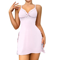 Women Lace Patchwork Sexy Slip Dress With Butterfly Decoration And Side Slit Contrast Lace Ruffle Hem Night Dress