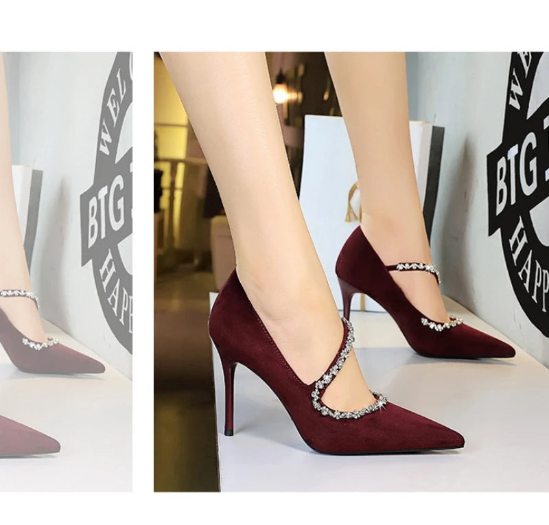 Banquet Pointed Toe High Heels Diamond Chain One-Strip Thin Heel Super High Heels Light Mouth Elegant Lace-Up