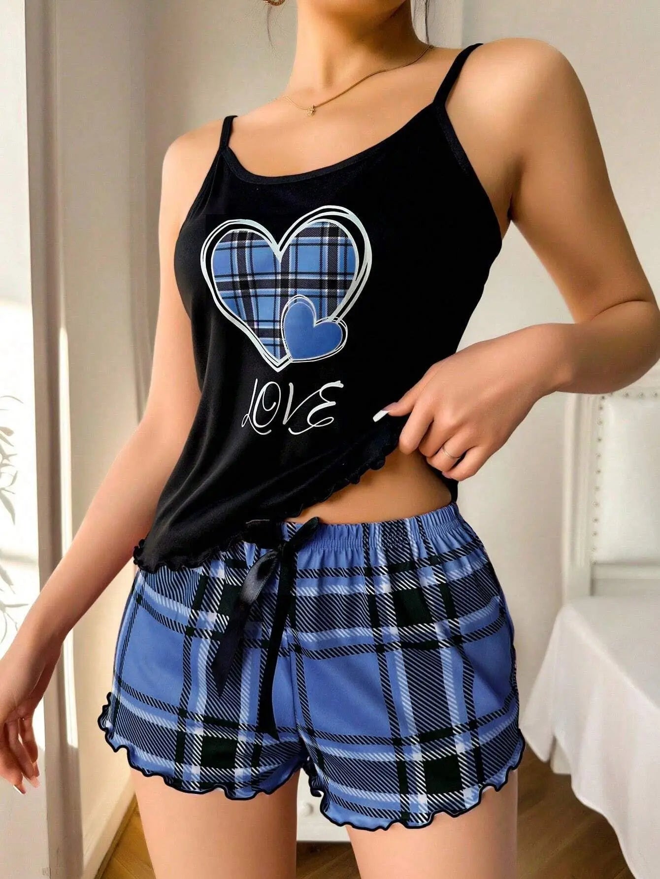Women Sexy Suspender Shorts Thin Pajamas Letter Print Plaid Shorts Large Pajamas Romantic Home Wear Sexy Nightwear Short Pajama