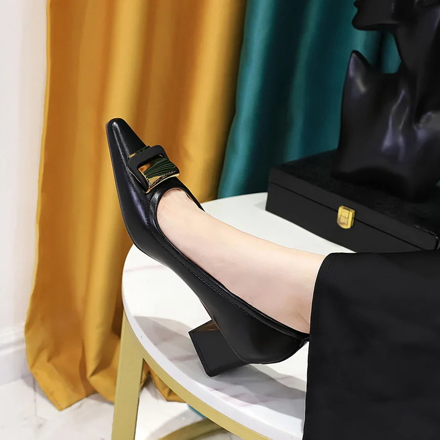 Professional Women's Shoes With Shallow Mouth Small Square Toe Metal Buckle 4.5CM Thick Heel Shoes