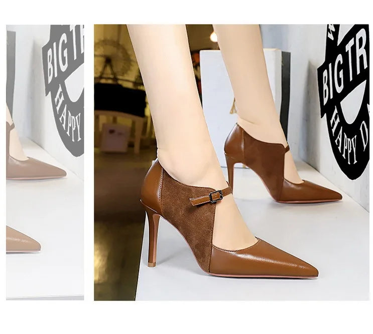 Women Pumps Suede and PU Leather Design Retro High Heels Ladies Shoes Stilettos Women Heels