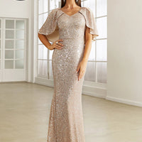 Cape Sleeves Sequined Evening Dress Mermaid Tail And Floor-Length Dress Elegant Dresses For Evening Dress