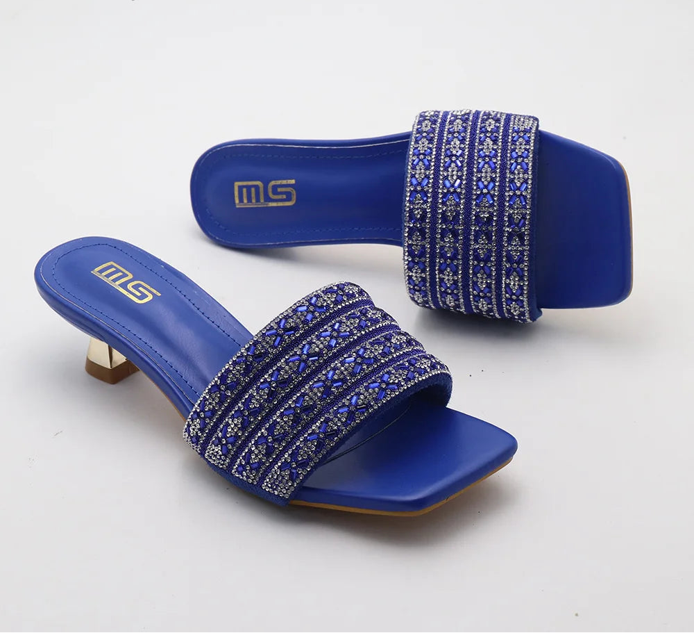 Low Heel Slippers Elegant Lady Square Toe Sandals Luxury Rhinestone High Heels Mules  Slip-on Women Shoes - Natalia Home Fashion