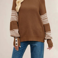 Women Mock Neck Knit Sweater Color Block Geometric Pattern Raglan Long Sleeve Button Cuff Loose Fall Winter Pullover Jumper Natalia Home Fashion    Natalia Home Fashion