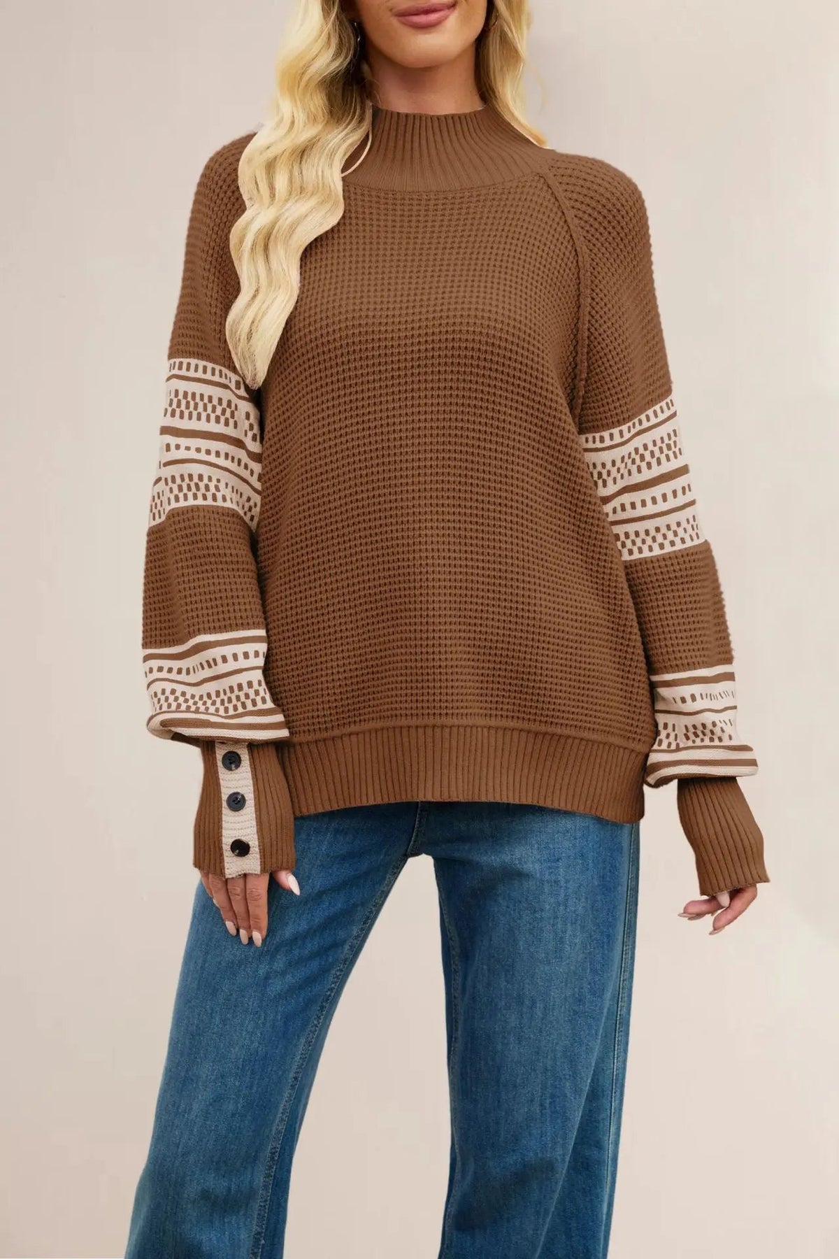 Women Mock Neck Knit Sweater Color Block Geometric Pattern Raglan Long Sleeve Button Cuff Loose Fall Winter Pullover Jumper Natalia Home Fashion    Natalia Home Fashion