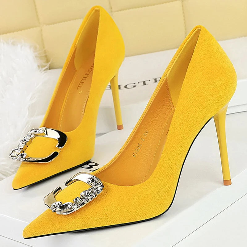 Metal Rhinestone Belt Buckle Women Pumps Suede High Heels Luxury Banquet Shoes Sexy Party Shoes Women Stilettos - Natalia Home Fashion