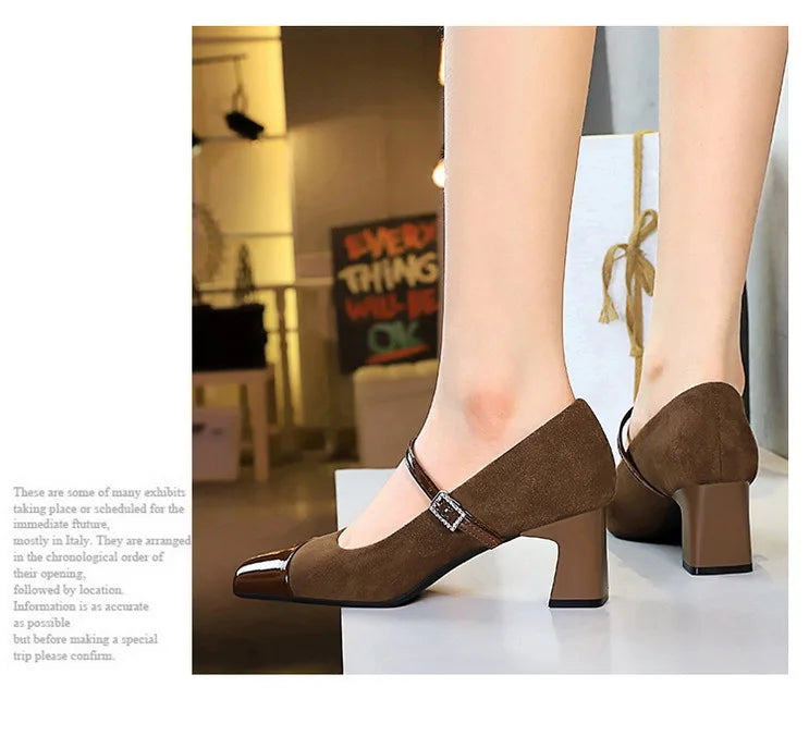 Leopard Print Women Pumps Suede Middle Heel Shoes Sexy Mary Jane Shoes Rhinestone Buckle Ladies Shoe Square Head