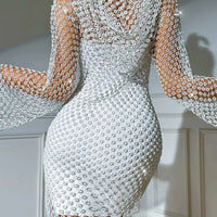 Sexy see through Rhinestone summer dress woman Fishnet club birthday mini dress long sleeve short dresses