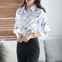 2025 New Women's White Striped Blouse Korean Slim Long Sleeve Printted Turn Down Collar Shirts Single-breasted Office Lady Shirt