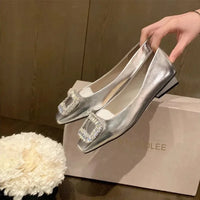 Women Flat Water Diamond Square Head Shallow Mouth Silver Single Shoes Fairy Soft Leather Temperament Commuting Woman Shoe