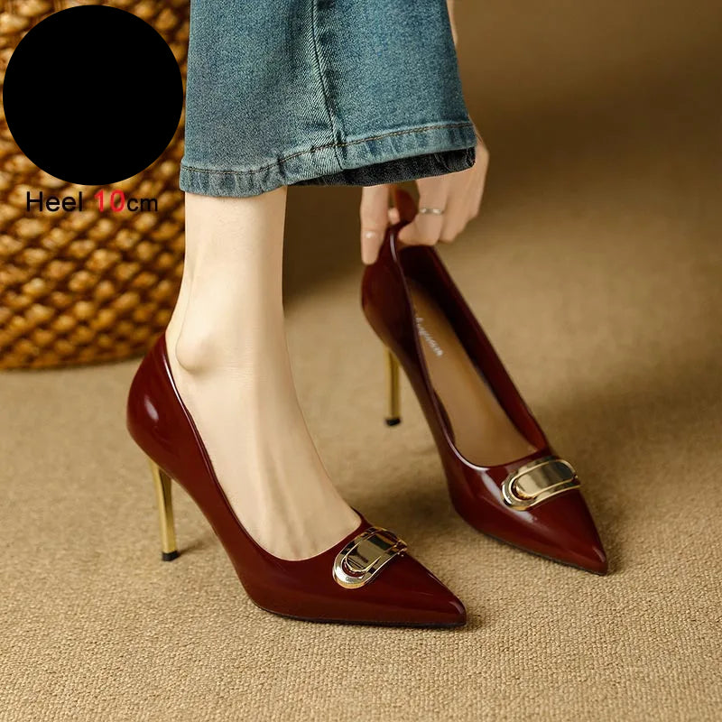 French Style Single Shoes Spring Women Pumps New Pointed Toe Shallow Mouth Metallic Buckle Commuting Shoes Stiletto Single Shoes
