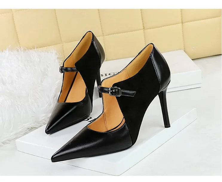 Women Pumps Suede and PU Leather Design Retro High Heels Ladies Shoes Stilettos Women Heels