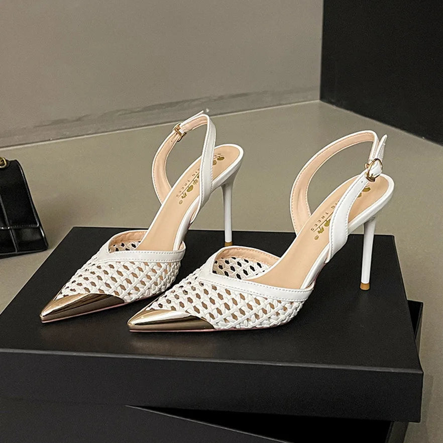 Elegant Hollow Out Woven Stiletto Sandals Women Pointed Toe Metal Straps High Heels