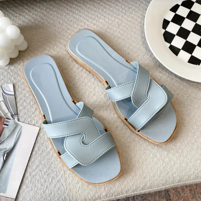 Women's Flat Beach Slippers Cross Band Fashionable Outdoor Wear PVC Home Slippers Macaron Color Sandals Comfortable - Natalia Home Fashion