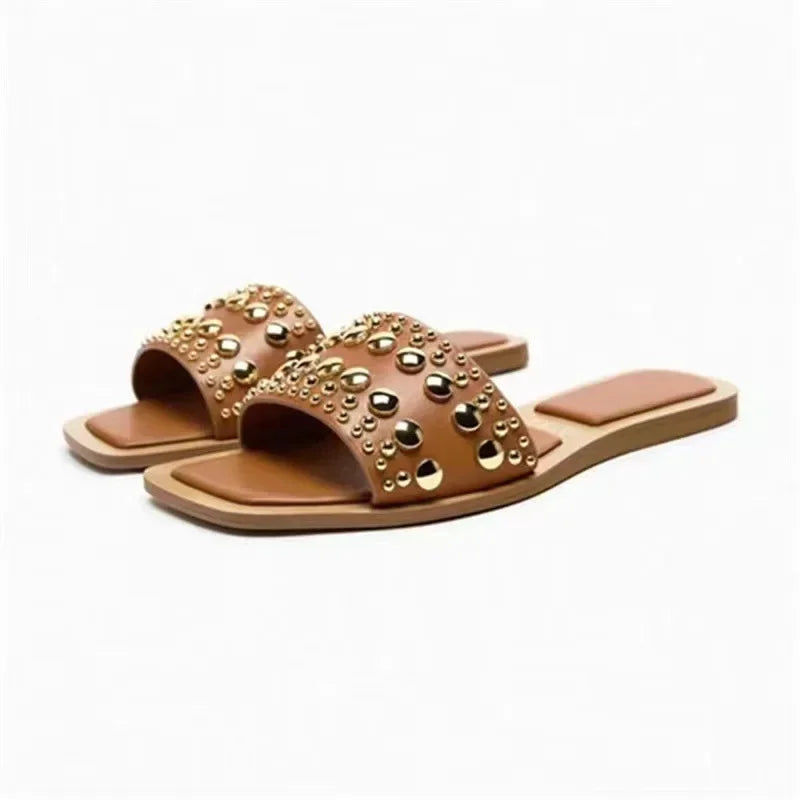 Women's Shoes PVC Transparent Riveted Casual Flat Open Toe Beach Slides Trend Brand Design Big Size Ladies Slippers - Natalia Home Fashion