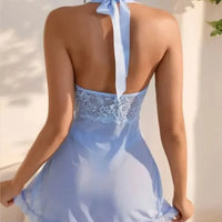 Women's Sexy Solid Contrast Lace Hollow Out Sleepwear Dress Plunging Backless Bodycon Slip Dress Comfortable Nightgown
