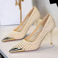 Fashion Metal Decoration Pointed Toe Pumps Woman Thin Heels Sexy Hollow Out Ladies Shoes