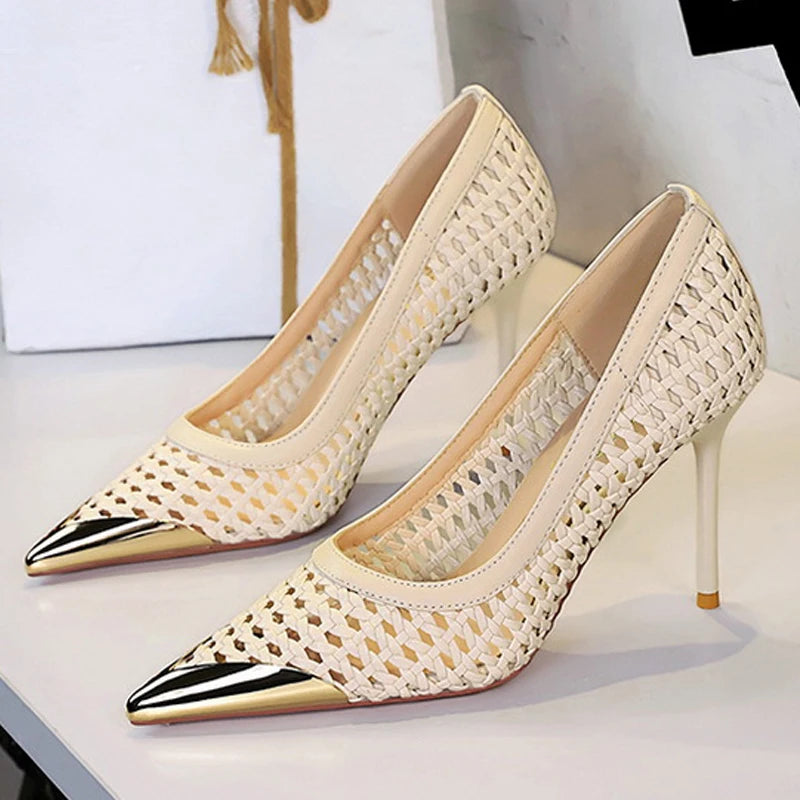 Fashion Metal Decoration Pointed Toe Pumps Woman Thin Heels Sexy Hollow Out Ladies Shoes