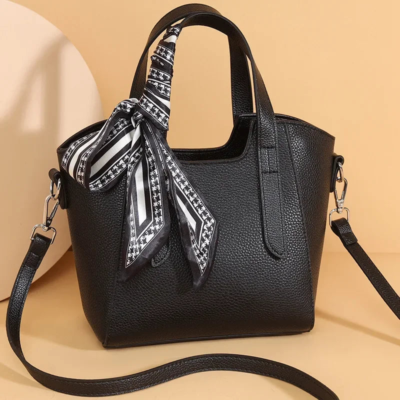 Pure Leather Cowhide Single Shoulder Crossbody Bag Ladies Handbag Fashion Bucket Bag Simple Basket Comes with Scarf