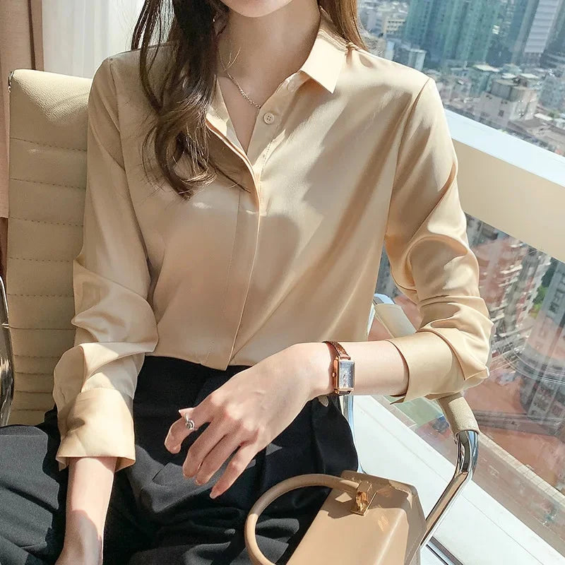 Style Women's Long Sleeve Satin Shirt Casual Style Fashion Design Lightweight Maturity Ladies Blouse