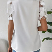 Blouses for Women Trendy Round Neck Mesh Patchwork Short Sleeve Blouse with Neck Tie Short Sleeve Tops T-shirts