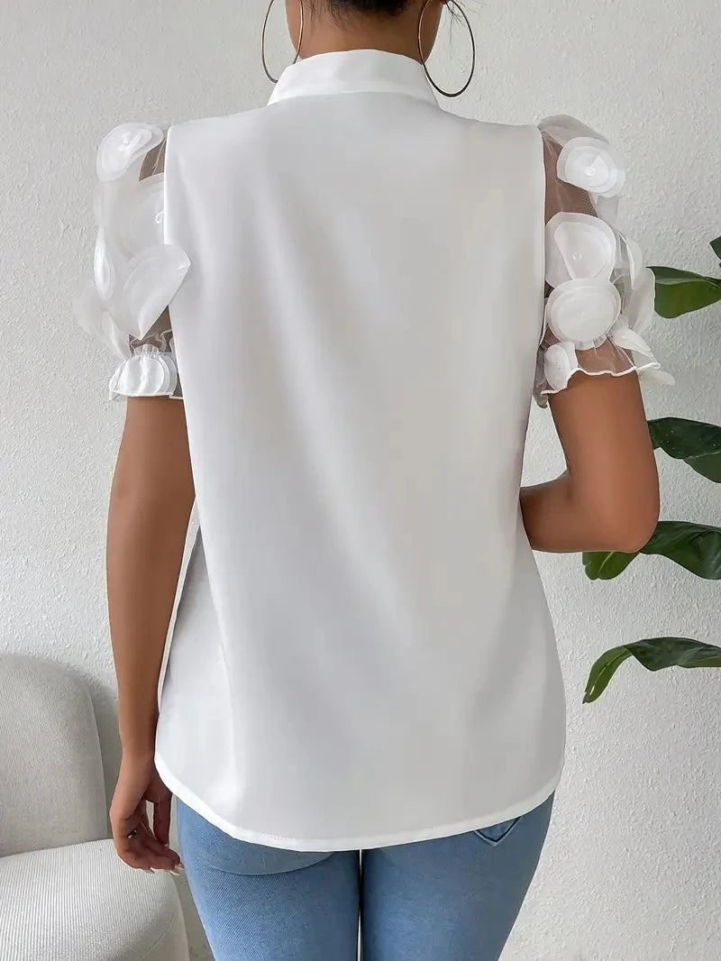 Blouses for Women Trendy Round Neck Mesh Patchwork Short Sleeve Blouse with Neck Tie Short Sleeve Tops T-shirts
