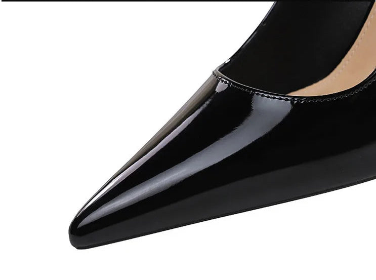 Fashion Women Pointed Toe Patent Leather High Heels Shallow Vamp Rhinestone Decorated Backless Strap Dress Shoes