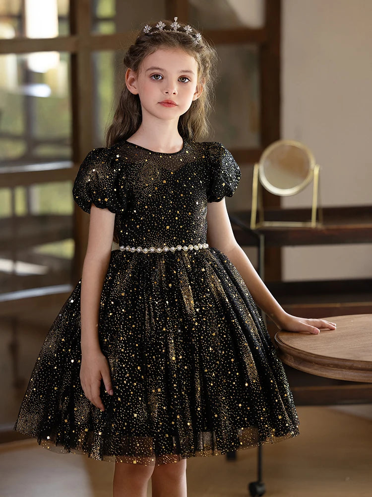 Starry Sky Dress For Girls Black Short Dress Holiday Party Birthday Fluffy Veil Dress