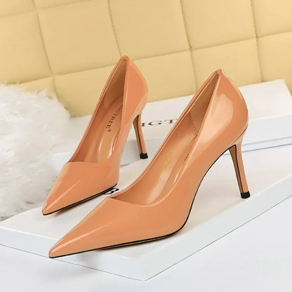 Women High Heels Scar pins Pumps Lady Glossy Leather Fetish Wedding Bridal Mid Low Heels Office Shoes