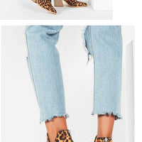 Boots Women Ankle Leopard Mid Heel Shoes Female Slip-On Casual Black Square Heel Booties