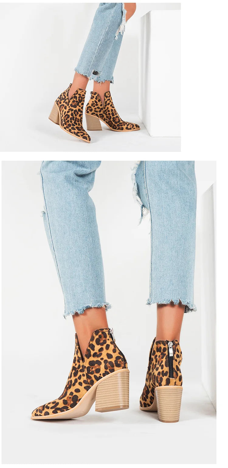 Boots Women Ankle Leopard Mid Heel Shoes Female Slip-On Casual Black Square Heel Booties