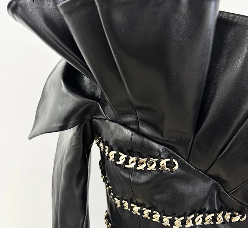 Elegant Socialite Fashion New Heavy Chain Three-Dimensional Ruffle Off-Shoulder Leather Dress Sexy Mini Dress