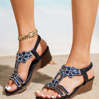 Bohemian Style Thick Heel Sandals Summer Fashion Beach Diamond Women's Shoes round Head Roman Style PU Leather Roman Sandals