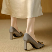 Basic Shallow Square Toe Women Pumps High Quality PU Leather Matte Thick Heel Office Shoes Woman Maroon 7CM High Heels