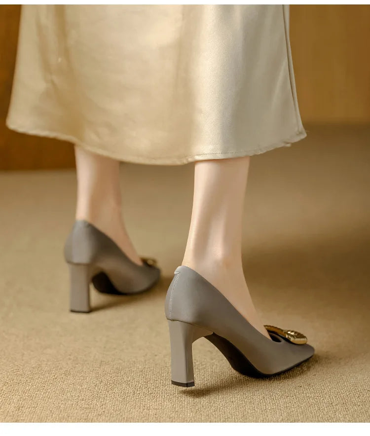 Basic Shallow Square Toe Women Pumps High Quality PU Leather Matte Thick Heel Office Shoes Woman Maroon 7CM High Heels