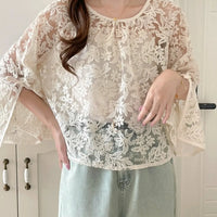 Round Neck Lace Shirt Women's Summer Floral Print Tie Dotted Cotton Blend Full Sleeve Slim Fit Button up Top