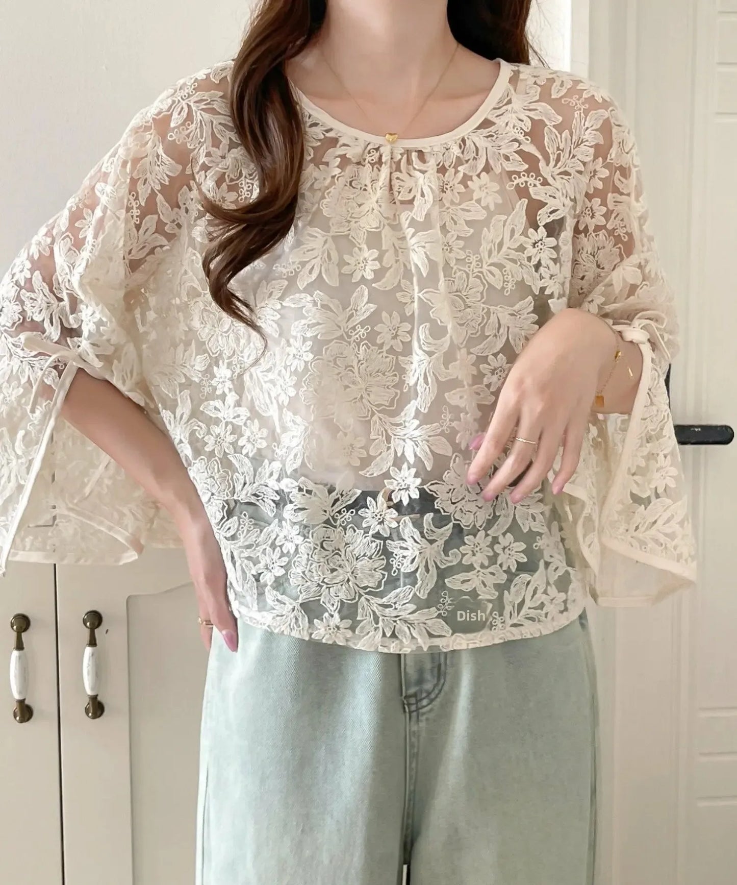Round Neck Lace Shirt Women's Summer Floral Print Tie Dotted Cotton Blend Full Sleeve Slim Fit Button up Top
