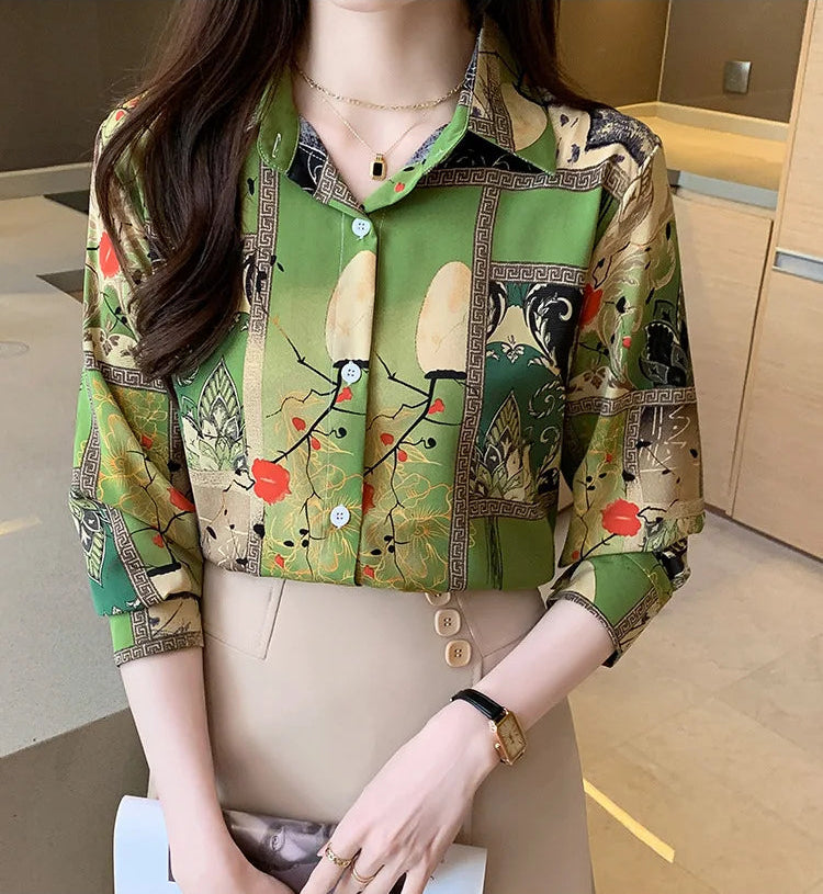 Slim Floral Long-sleeved Shirt Loose Printed Top for Women