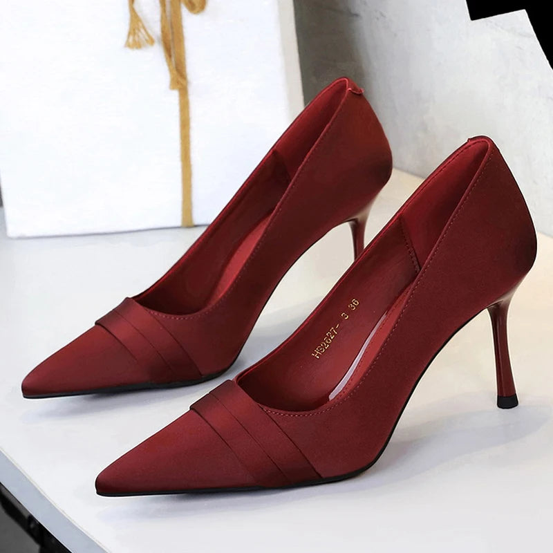 Silk Pumps Pointed Toe Elegant Party Thin Heels Stripper Shoes