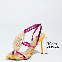 Ladies High Heel Sandals with 3D Fluffy Flower Decorations round Toe Thin Heel Spring Summer Night Club Fashionable Party Shoes