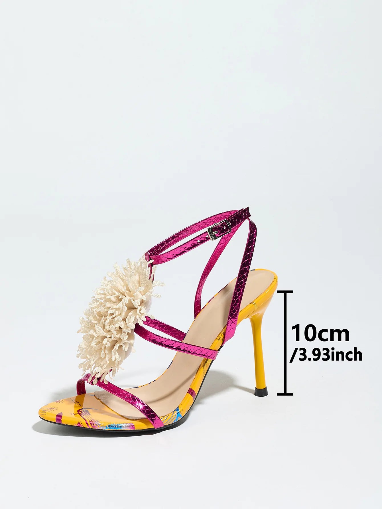 Ladies High Heel Sandals with 3D Fluffy Flower Decorations round Toe Thin Heel Spring Summer Night Club Fashionable Party Shoes