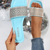Women's Sandals Flat Bottom Slip-On Shoes Crystal Shiny Sequin Style Square Head Open-Toe Flat Heels