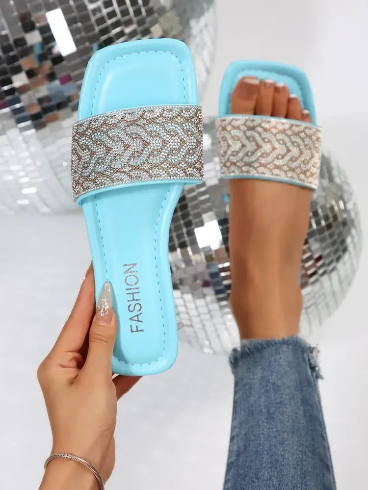 Women's Sandals Flat Bottom Slip-On Shoes Crystal Shiny Sequin Style Square Head Open-Toe Flat Heels