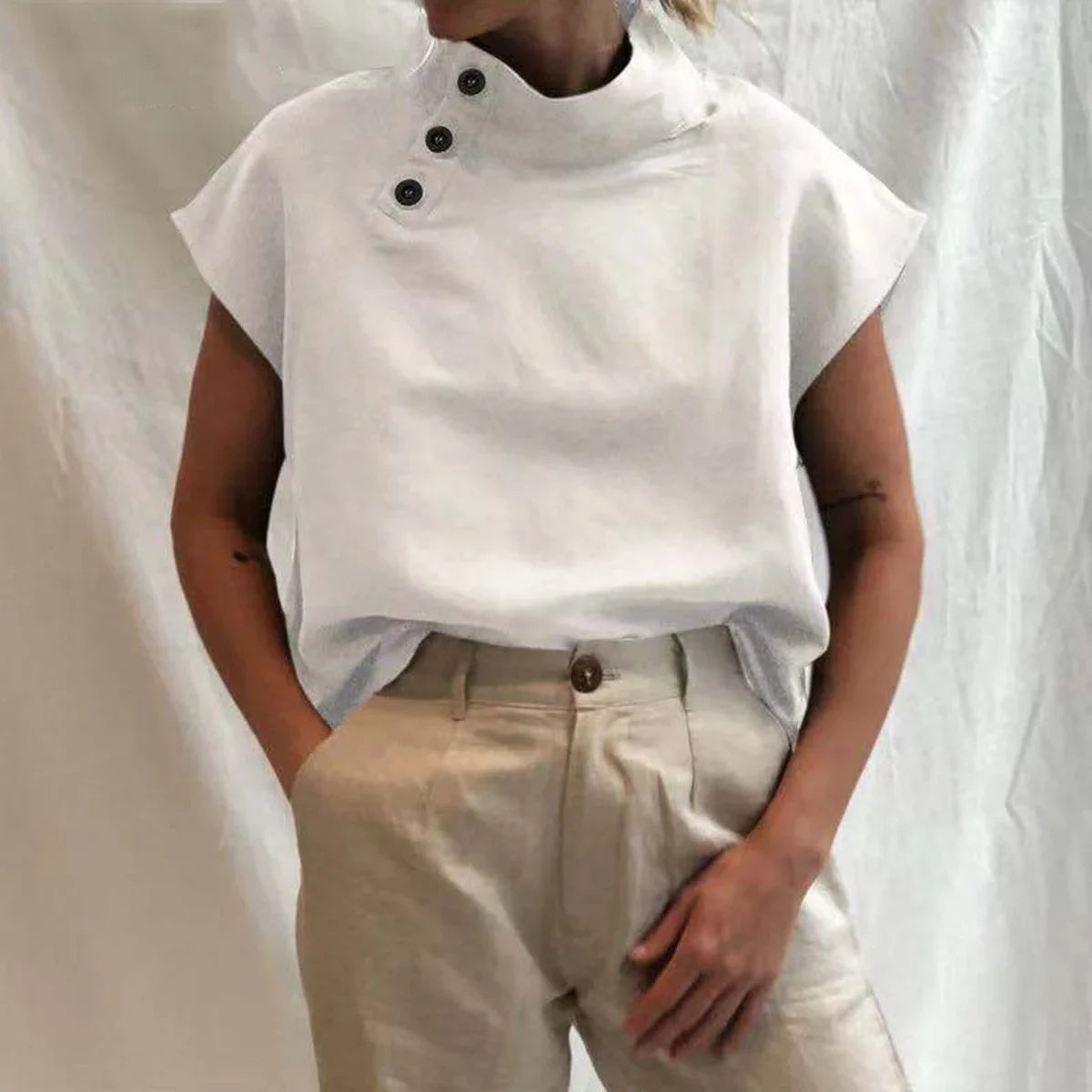 Women Cotton Linen Stand Collar Blouses Cap Sleeves Solid Color Loose Fit Casual Fashion Female Shirts Tops